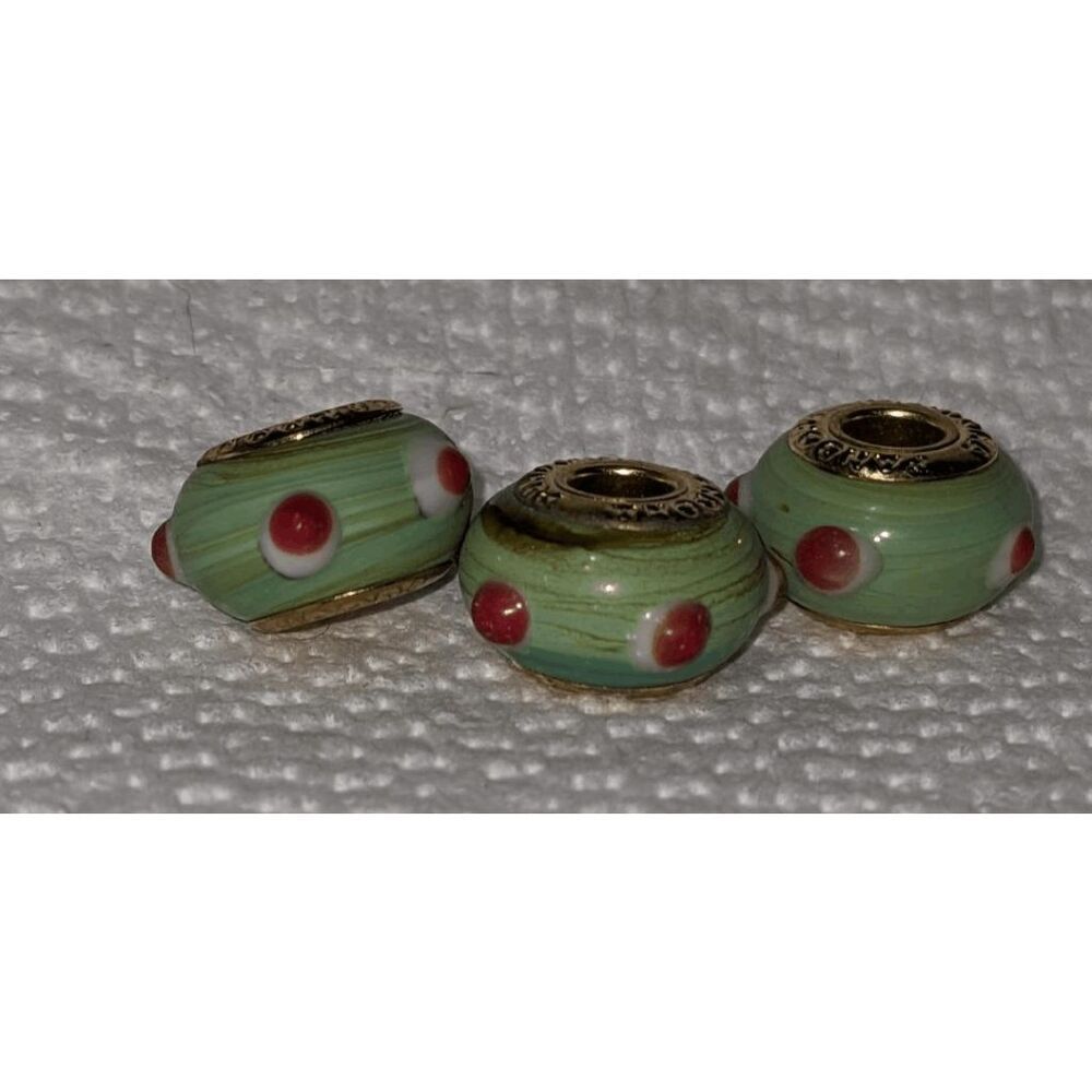 NEW SET OF 3 PANDORA MURANO BEADS GREEN WITH SWIRLD RED/WHITE POLKA DOTS - REALL